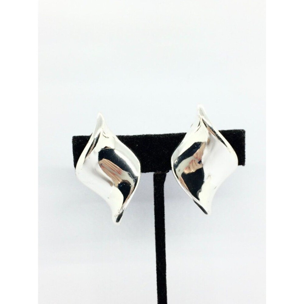 ERWIN PEARL Earrings Silver Tone Abstract Wave Clip On Runway 80s Vintage